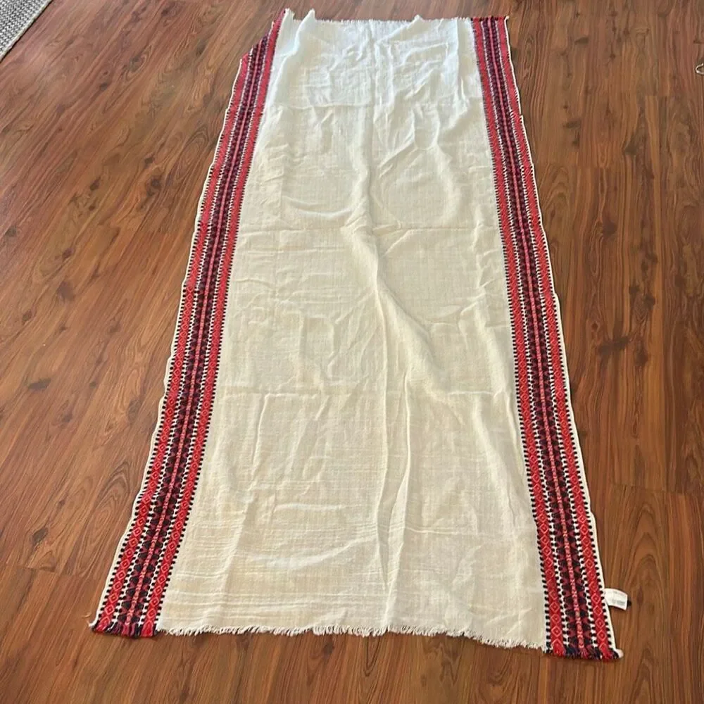 J crew XL gauze lightweight shawl scarf. Cream red navy embroidered